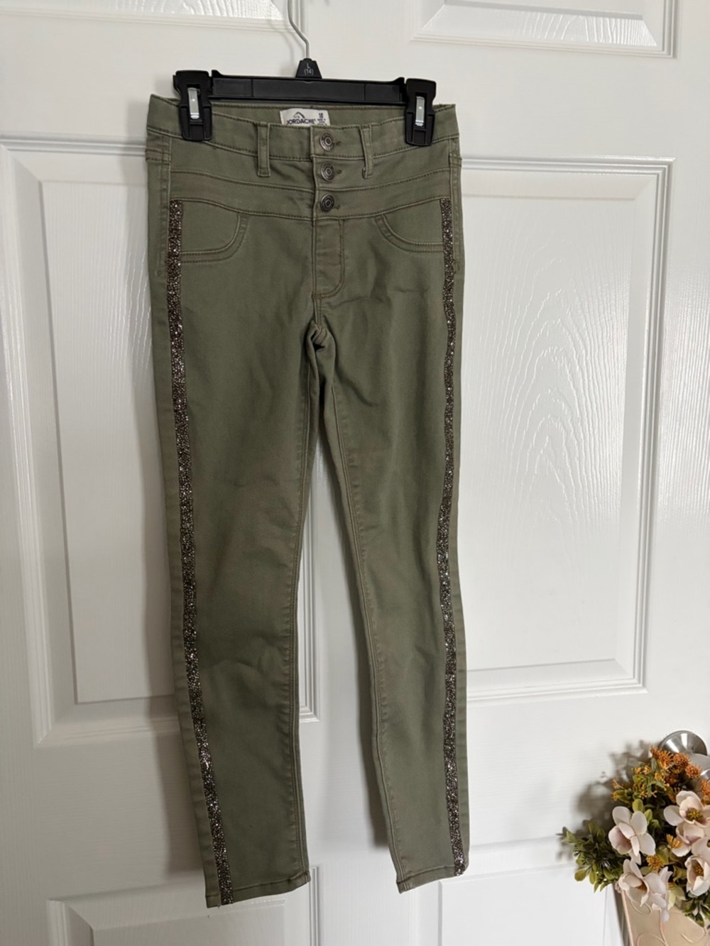 Jordache Olive Green Skinny Jeans with Glitter Side Trim